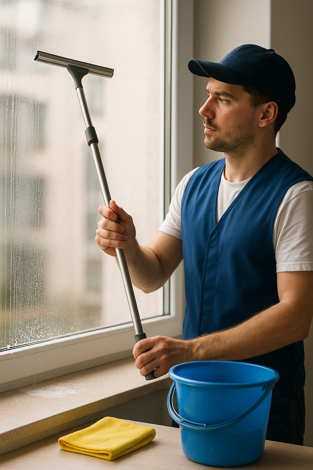 Matériel pour nettoyer vitres raclette microfibre seau