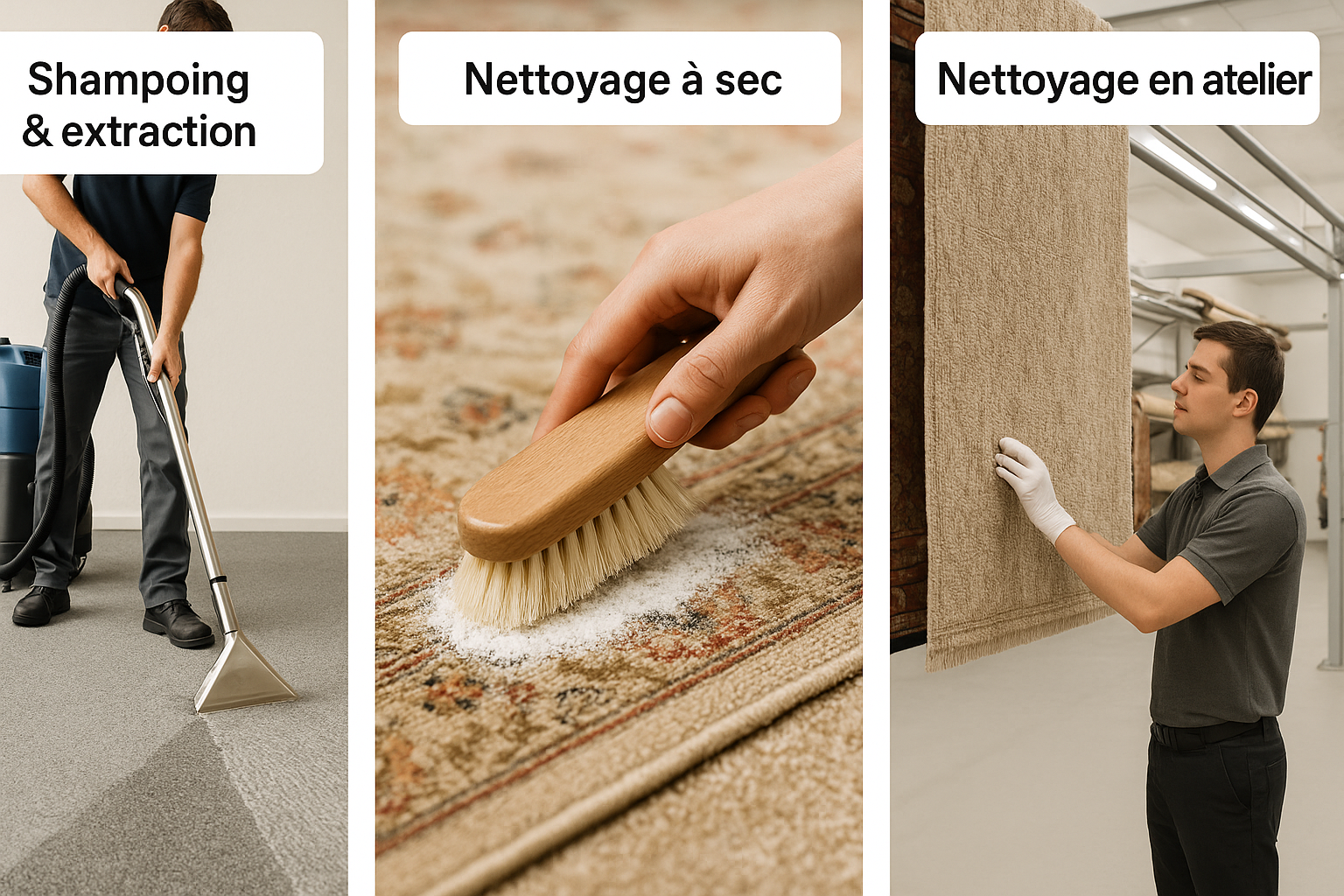 Méthodes de nettoyage tapis : shampoing, nettoyage à sec, atelier