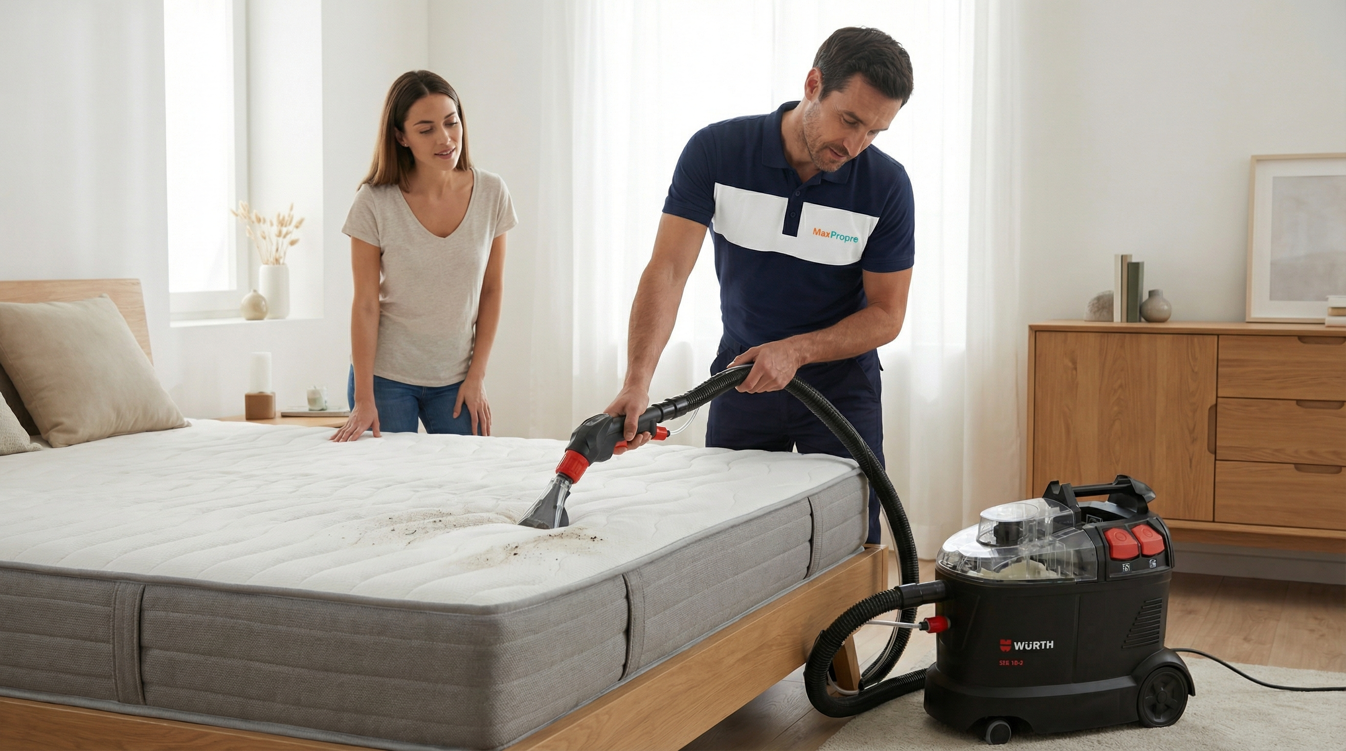 Technicien MaxPropre inspecte et nettoie un matelas