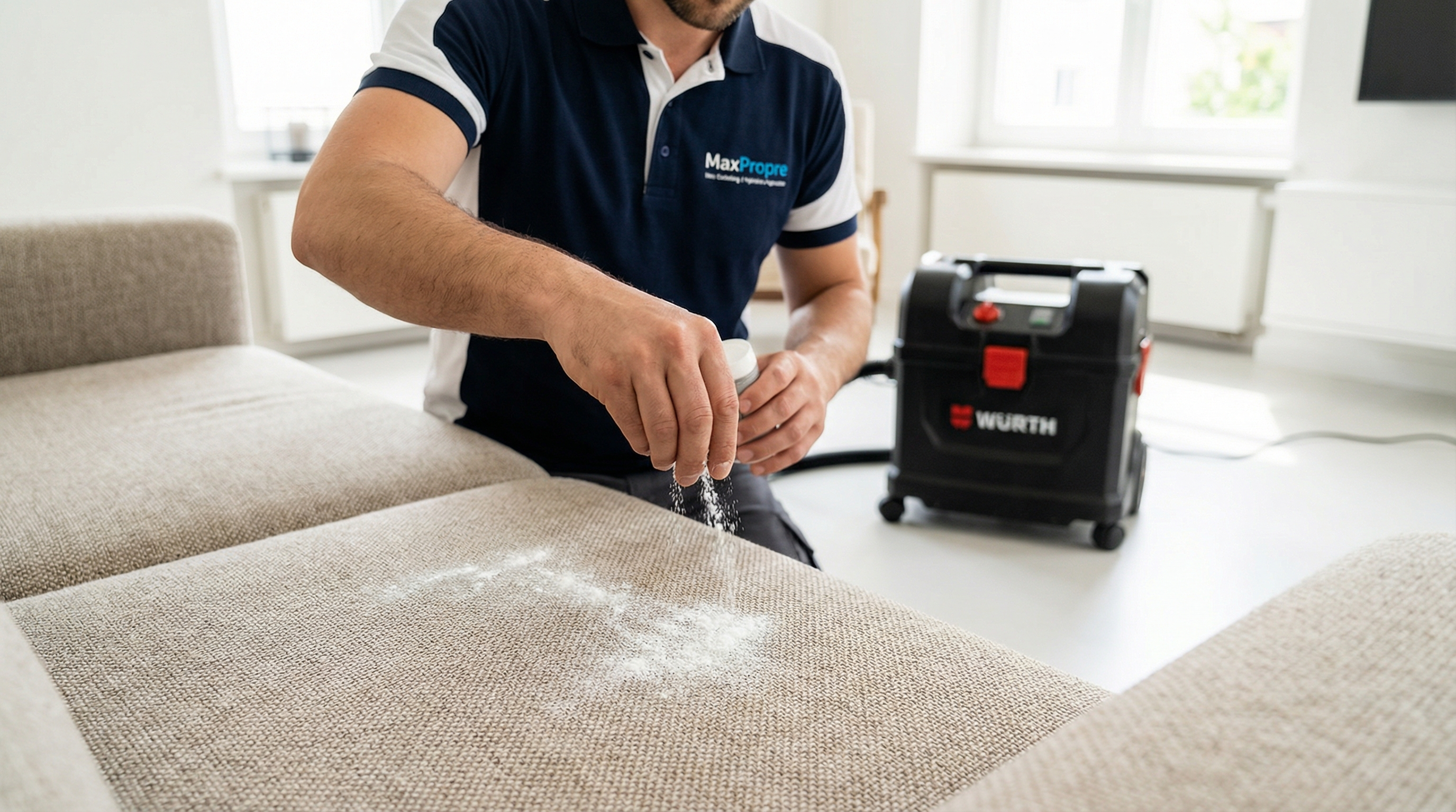 Équipe MaxPropre nettoyant un canapé - méthodes professionnelles
