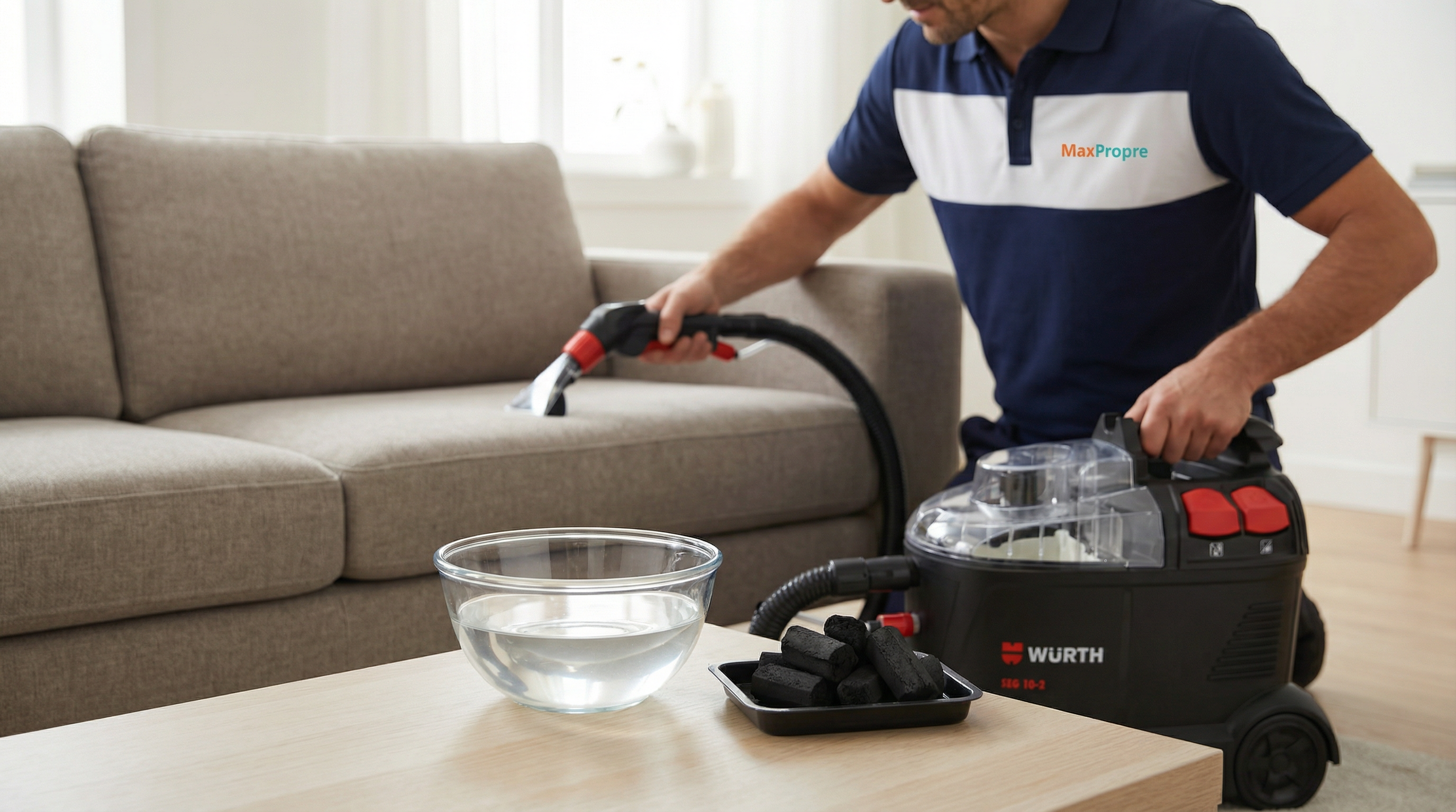 Technicien MaxPropre en intervention - étapes du nettoyage canapé