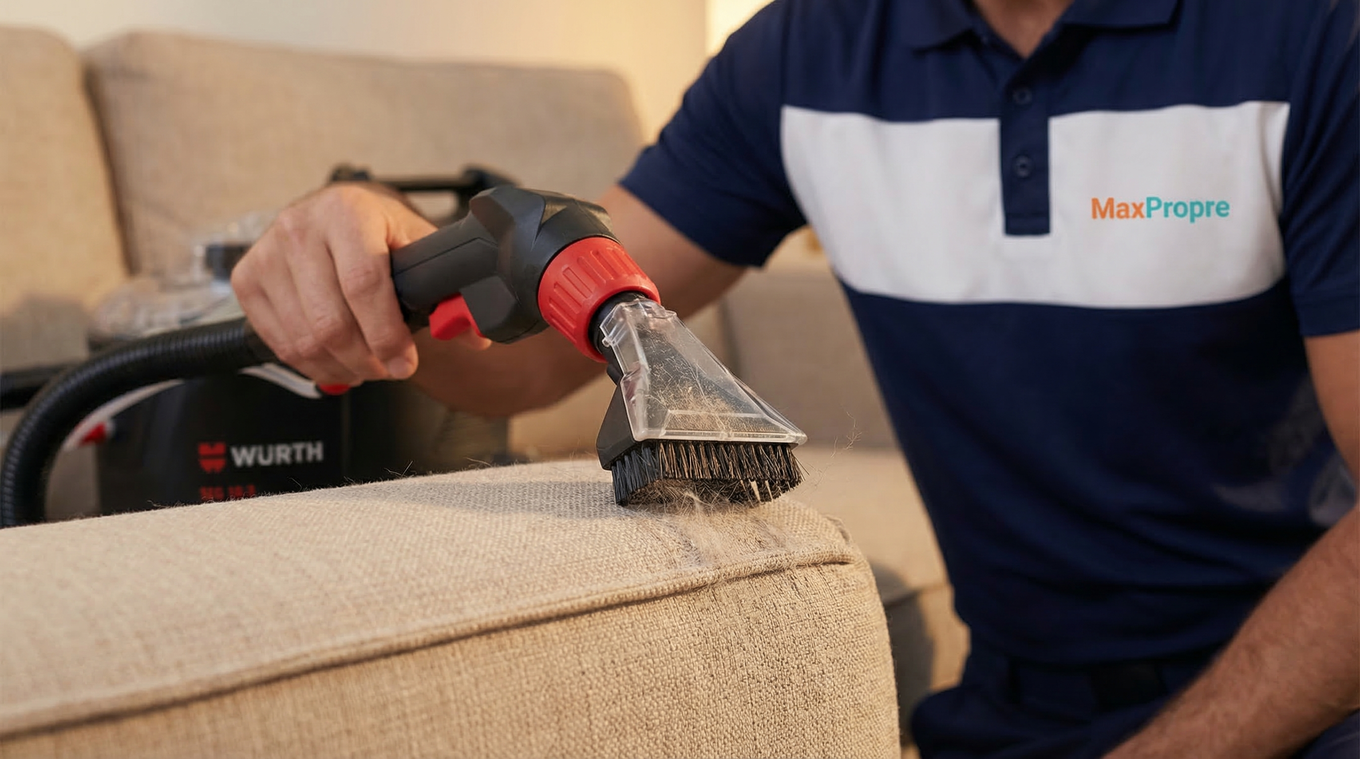 gros plan aspiration bicarbonate canapé tissu beige embout brosse