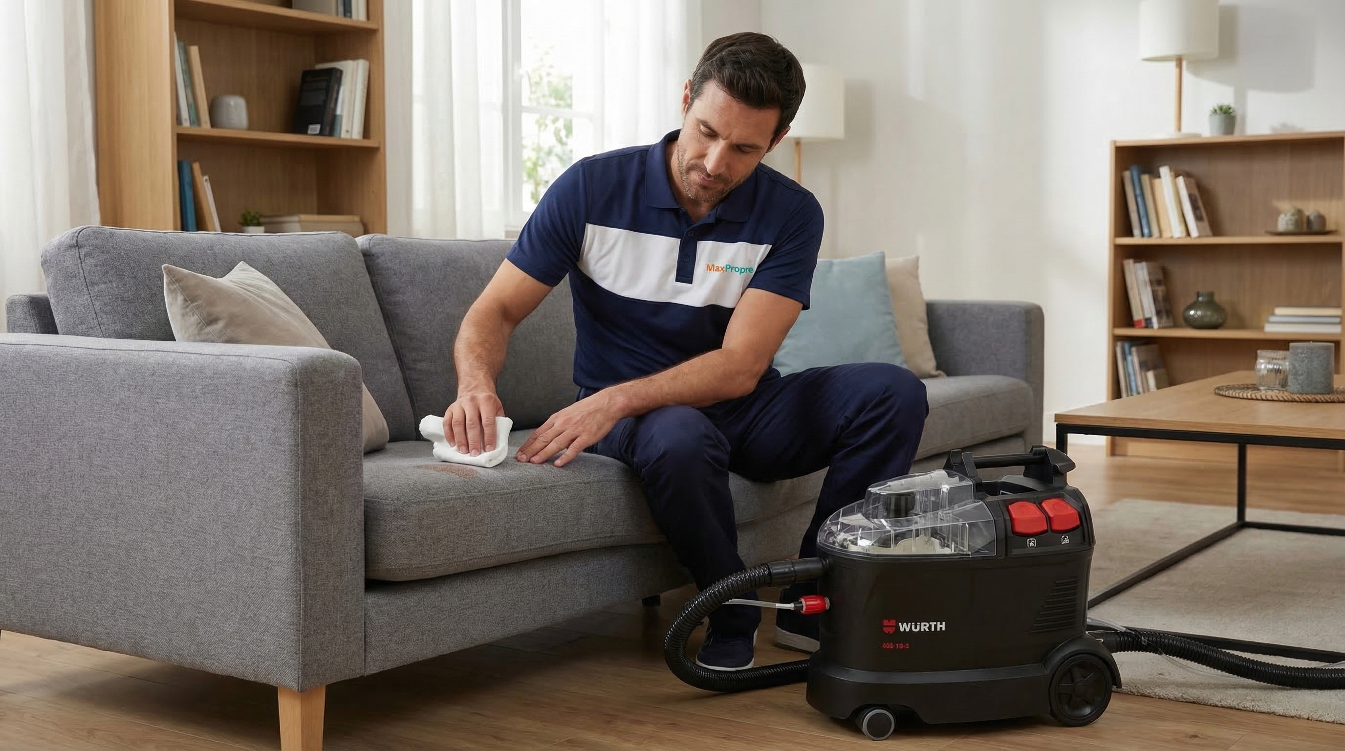 homme tamponnant canapé tissu gris chiffon propre sans frotter