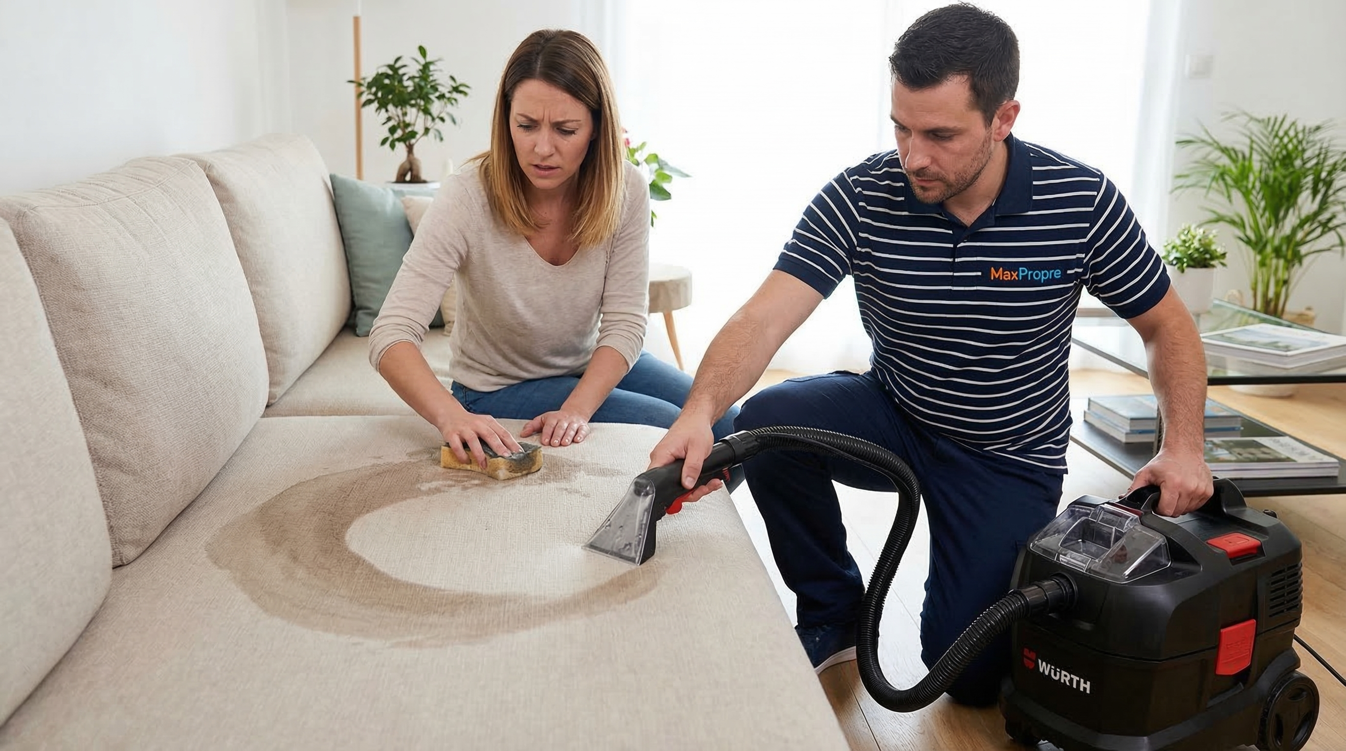 Canapé taché avec réflexe eau éponge - nettoyage canapé MaxPropre