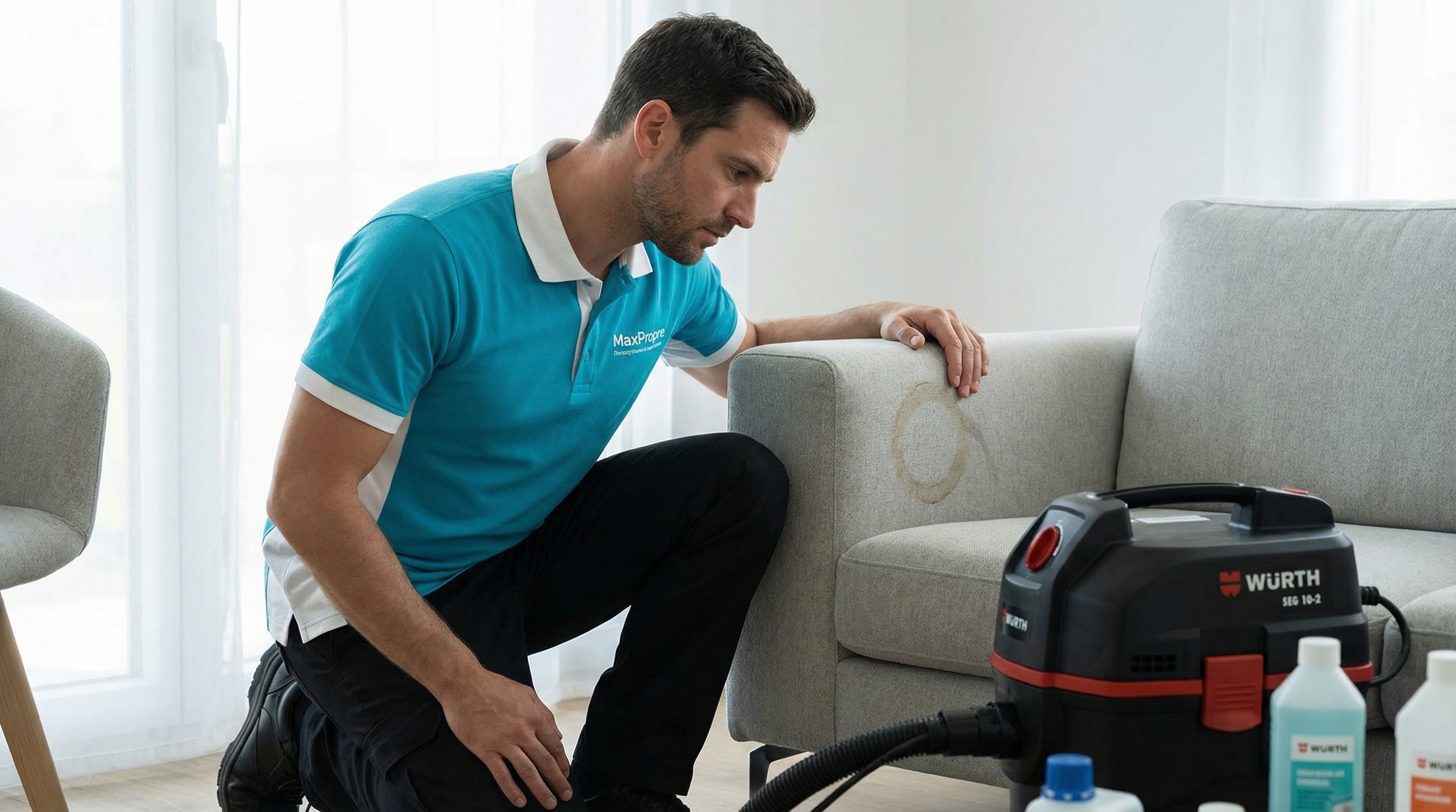 Femme inspectant une tache sur canapé tissu avant de choisir un produit nettoyant