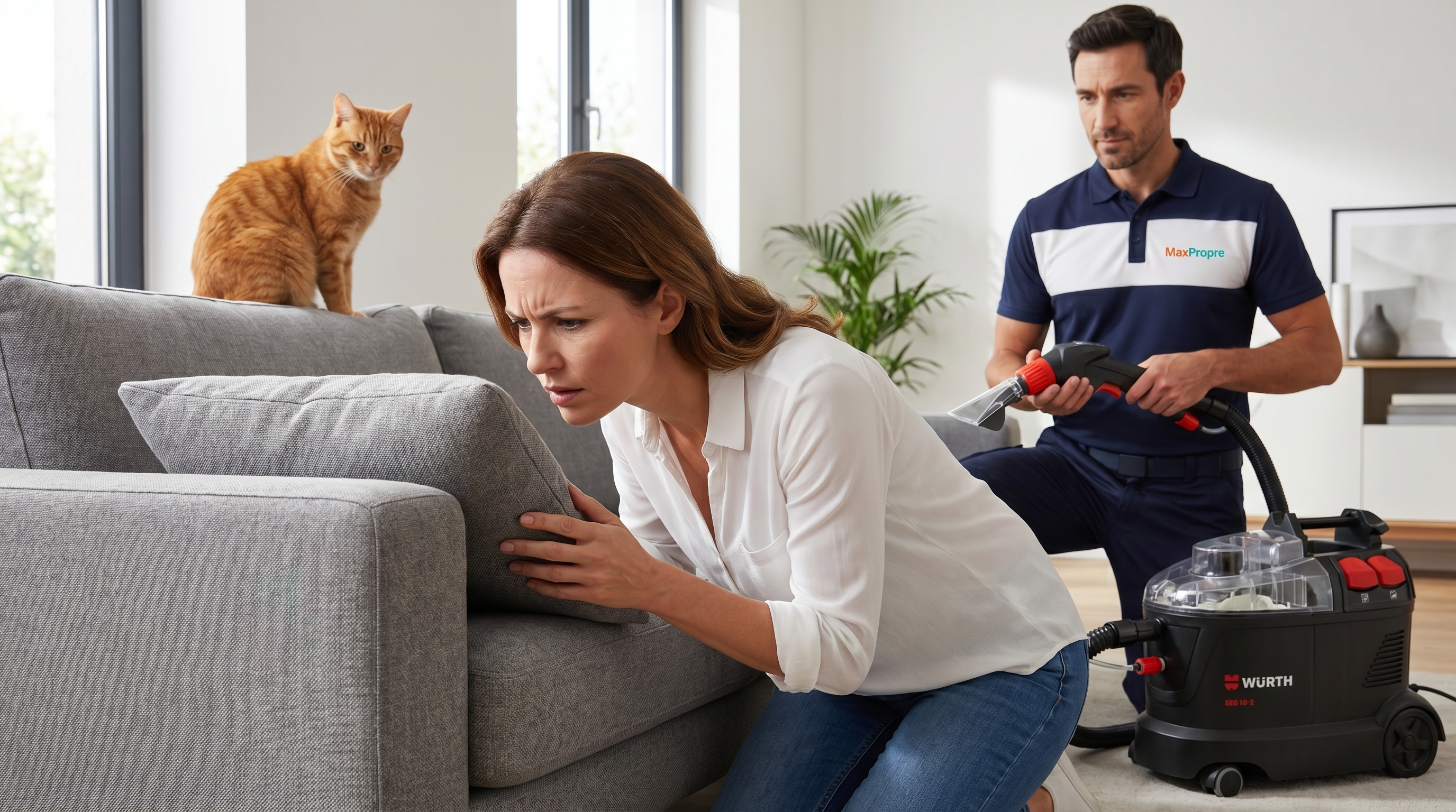 Femme perplexe qui renifle son canapé après nettoyage odeur urine chat