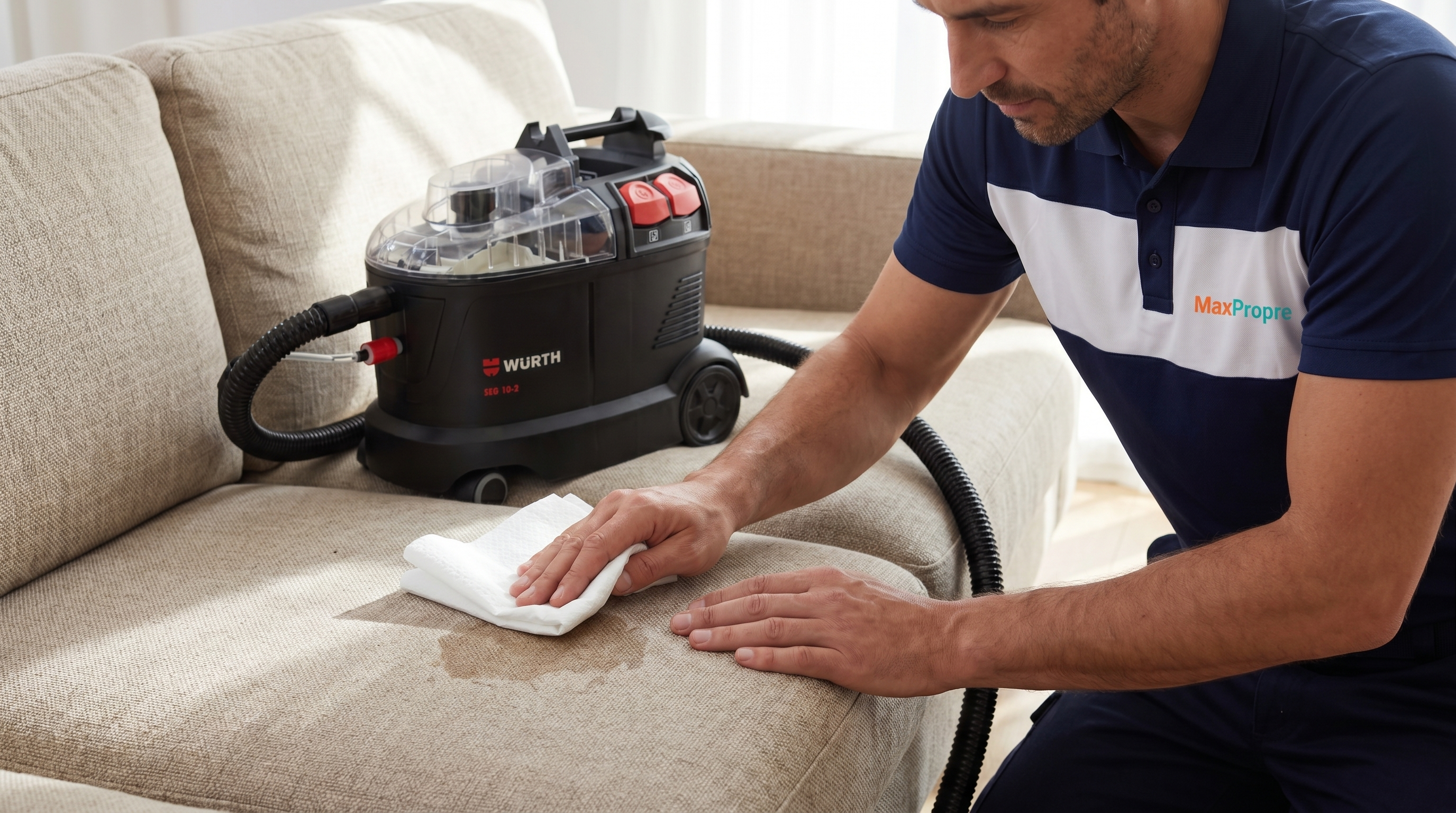 Gros plan mains tamponnant tache urine animale sur coussin de canapé