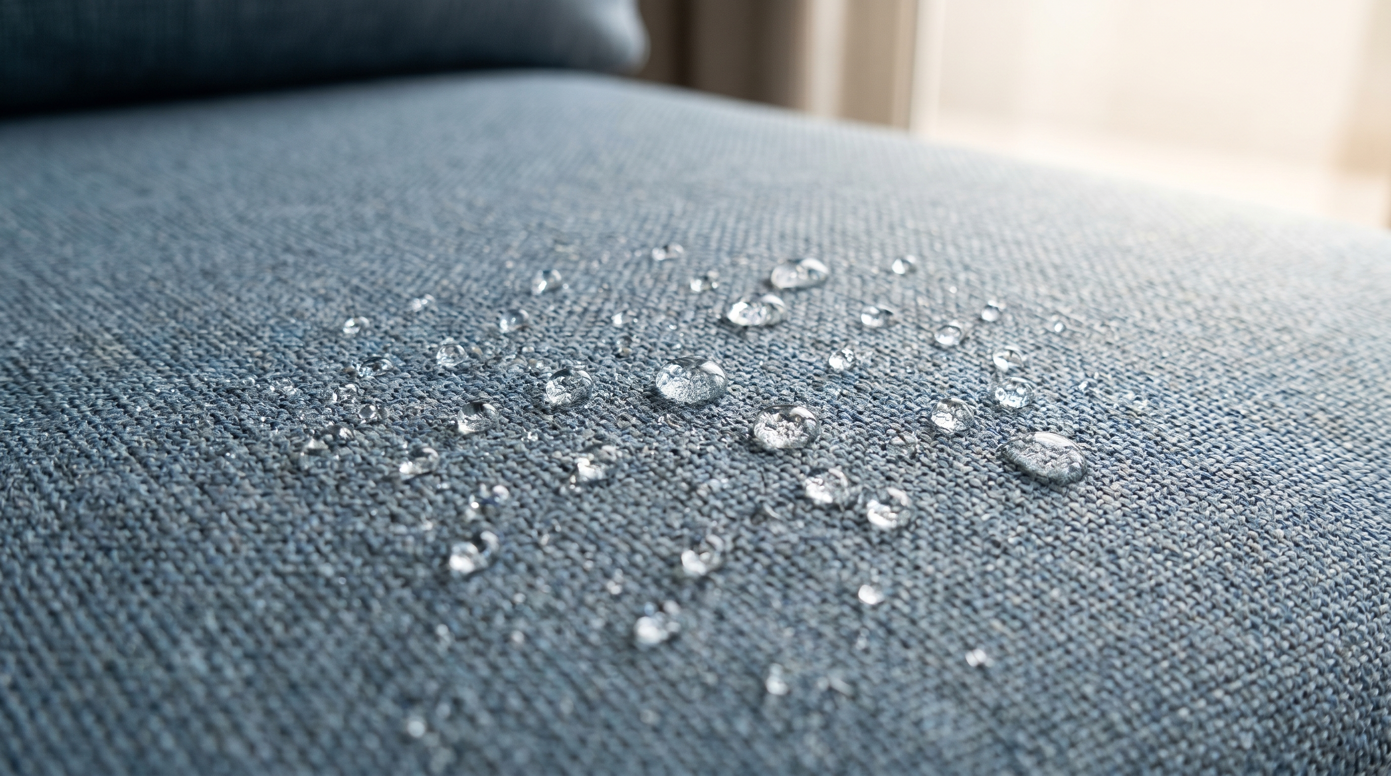 Gouttelettes qui perlent sur tissu canapé imperméabilisé traitement anti-tache