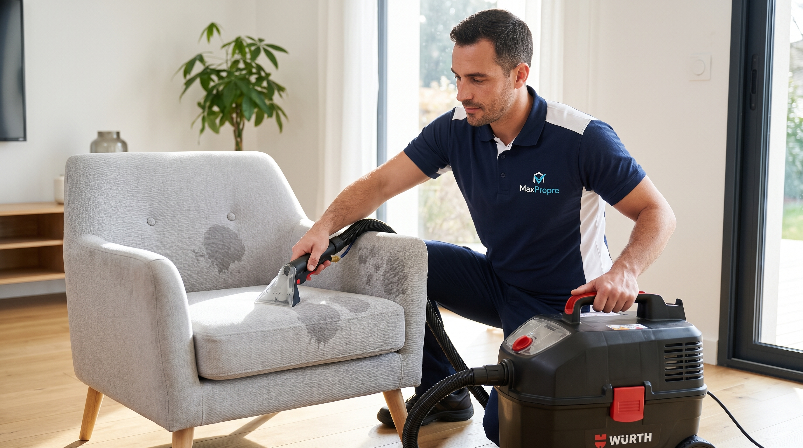 Femme nettoyant un fauteuil en tissu avec un chiffon microfibre à domicile