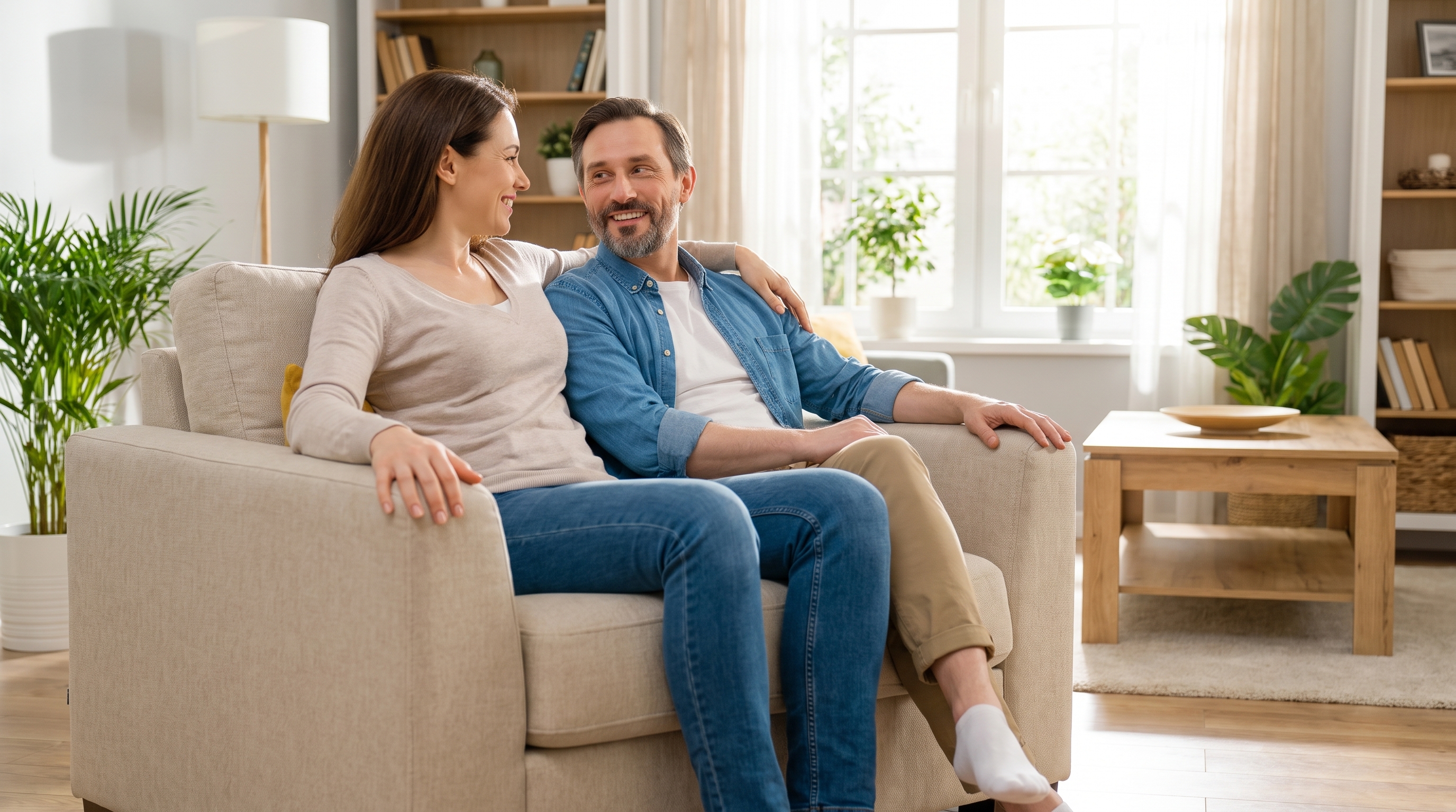 Couple satisfait assis dans un fauteuil en tissu propre après nettoyage professionnel